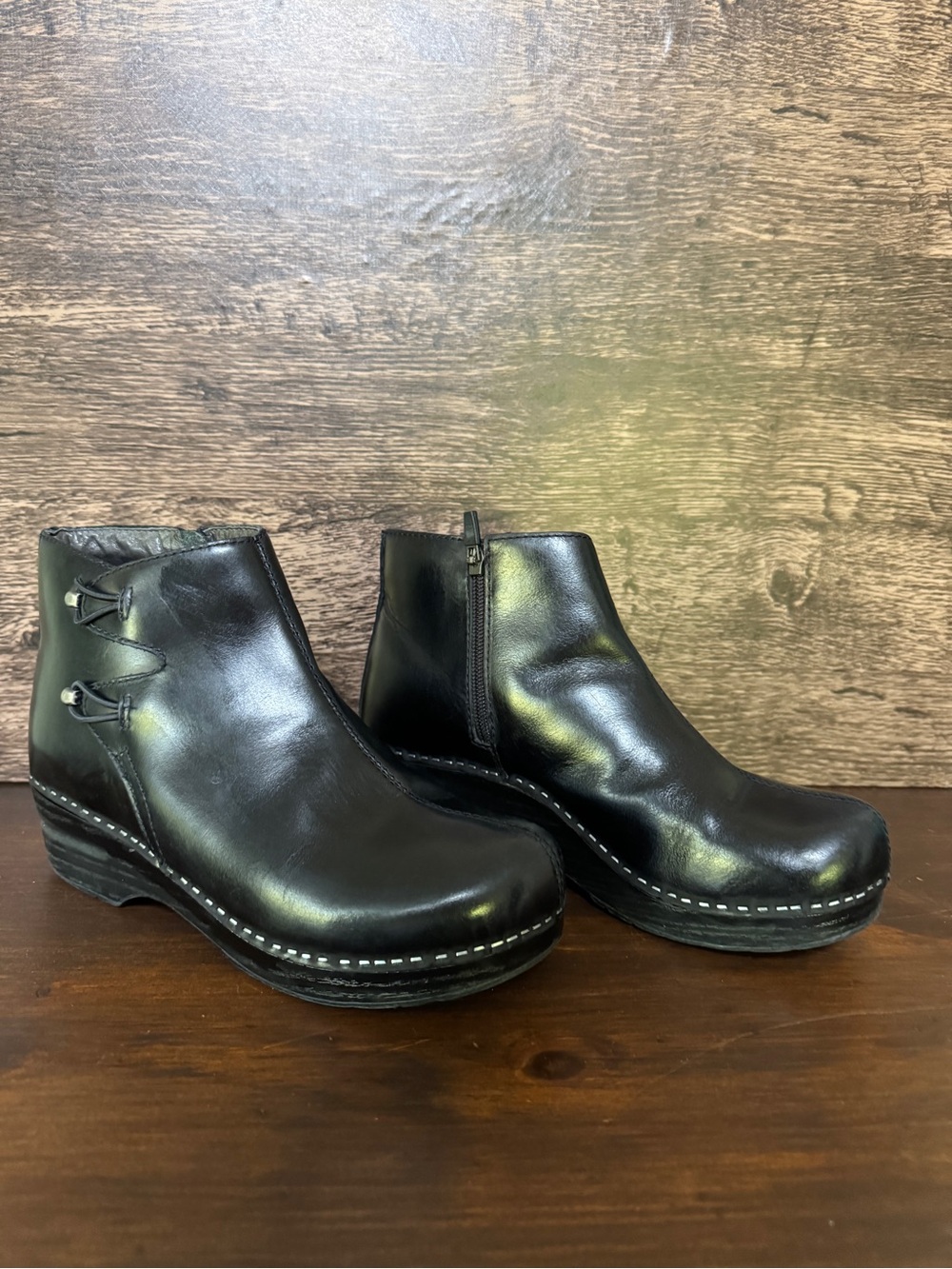 Women's Dansko Black Leather Ankle Clogs - Zip Side Comfort